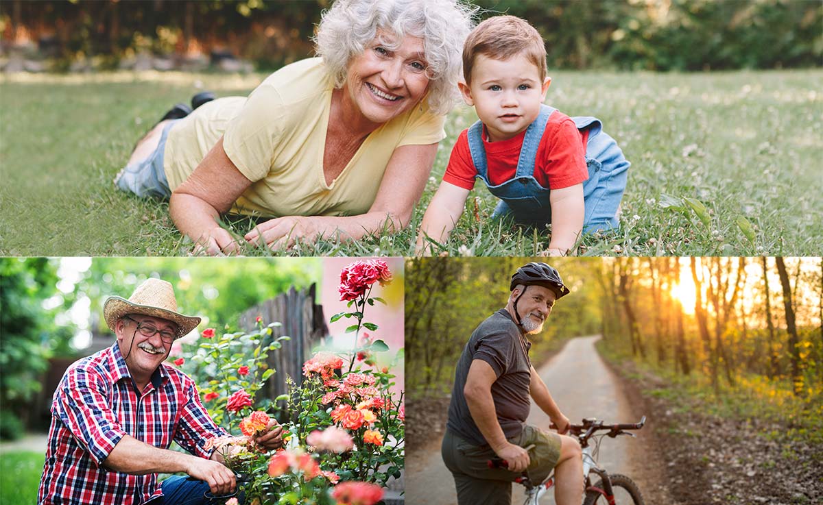 three photos - grandma on ground with baby, man gardening, man biking